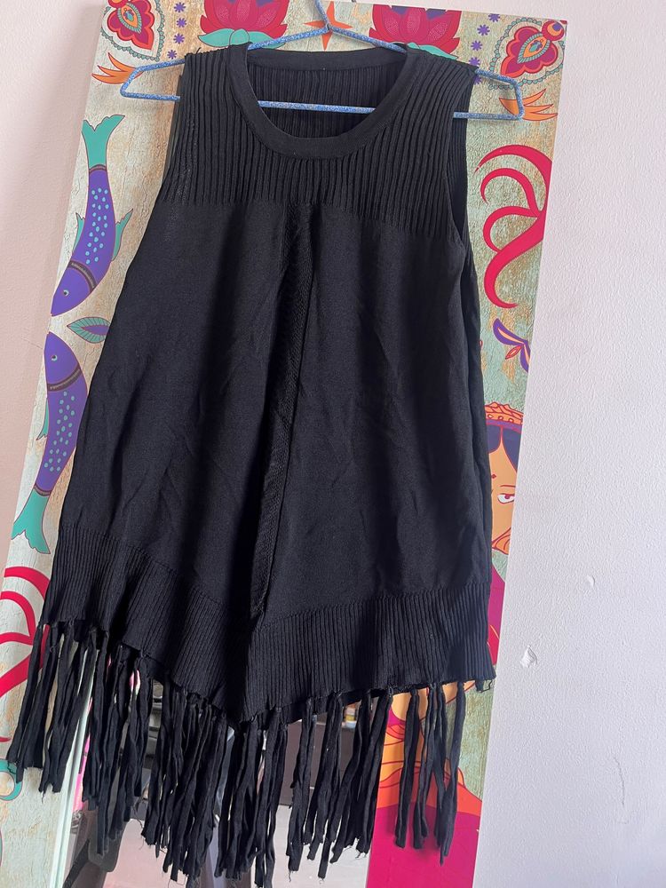 Stretchable Black Top With Tassels