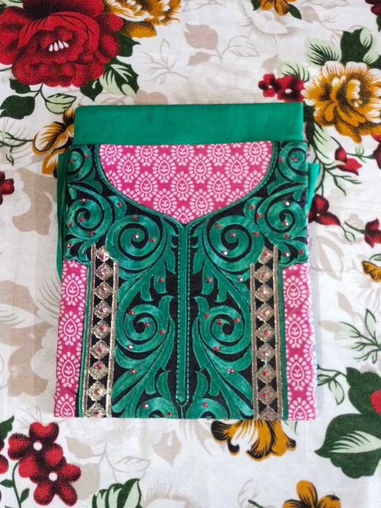 Green &amp; Pink Embroidered Dress Material🎀