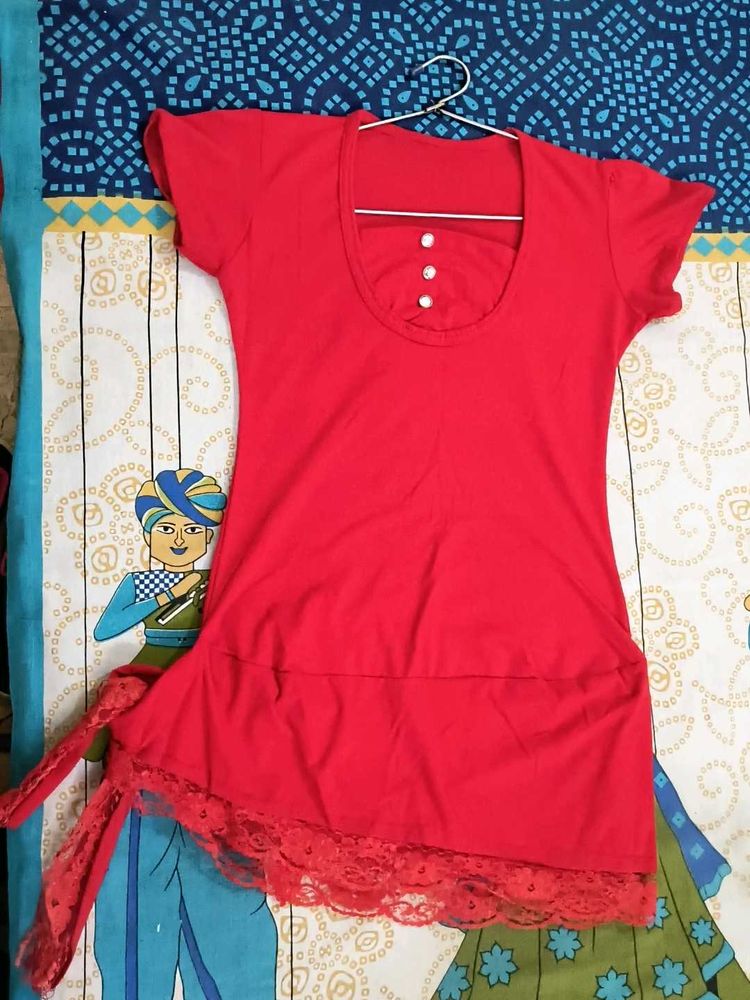Red Top With Tie Up At Waist