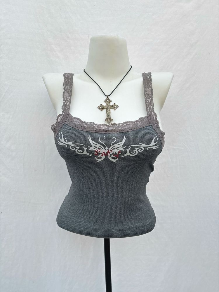 Grey Grunge Lace Trim Tank Top