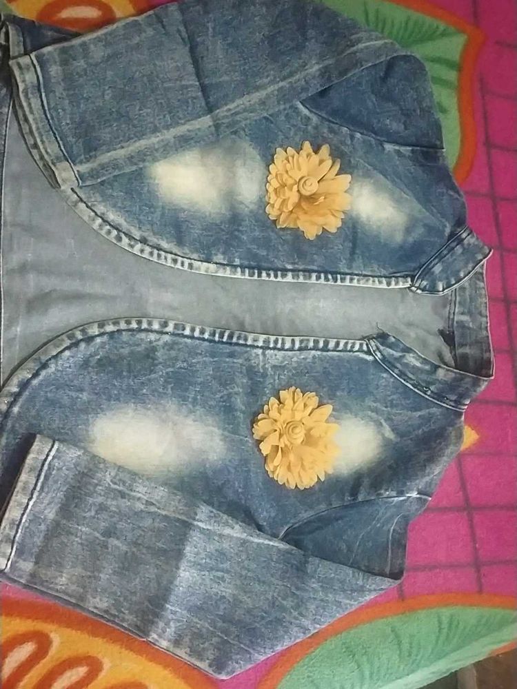 Denim Bolero Jacket with Floral Detail