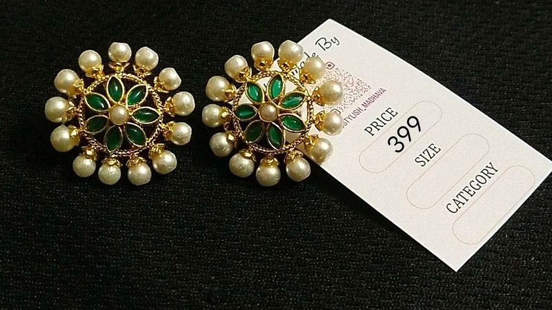 Pearl &amp; Green Floral Stud Earrings