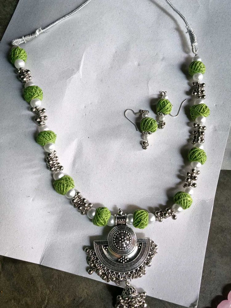 Green Beaded Necklace and Earring Set