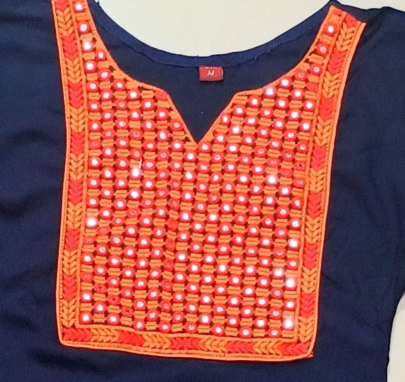 Navy Blue Kurta With Embroidery And Mirror Work