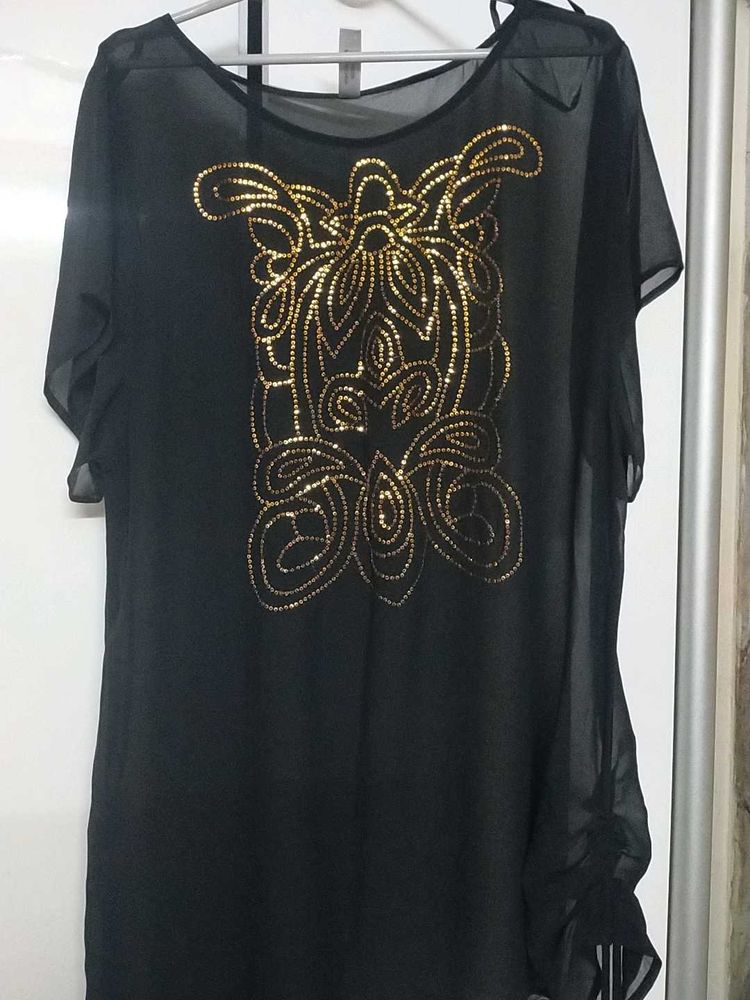 Glamorous Sheer Black Top with Gold Embroidery