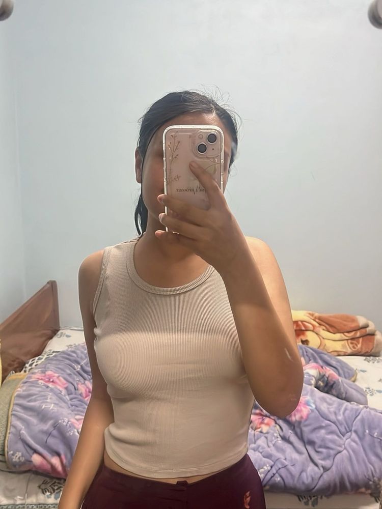 Khaki Solid Regular Fit Sleeveless Top