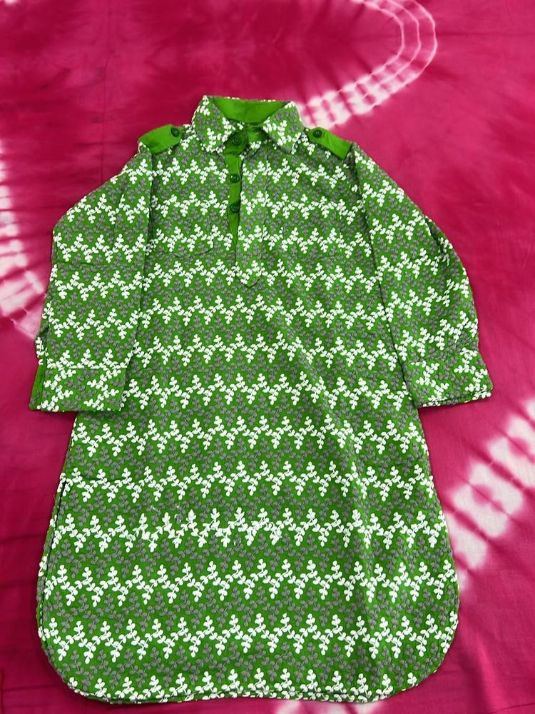 Green Floral Print Chikankari Work Tunic Kurta