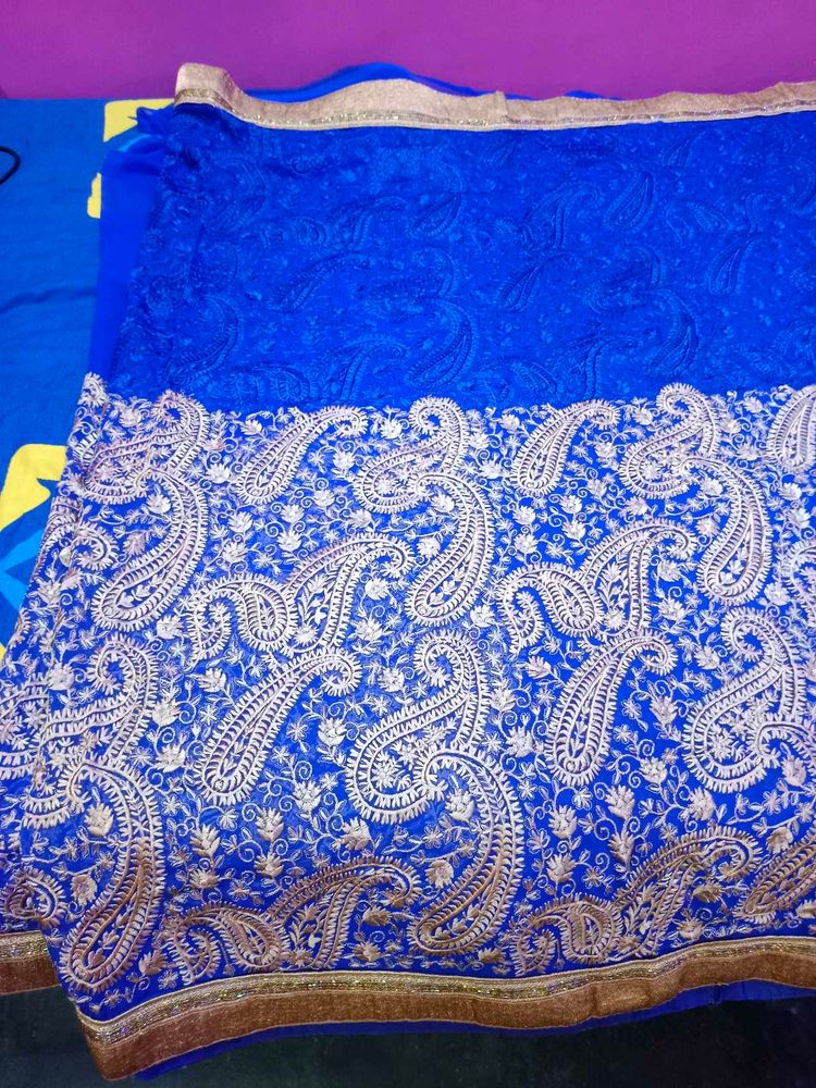 Elegant Blue Heavy Embroidered Saree