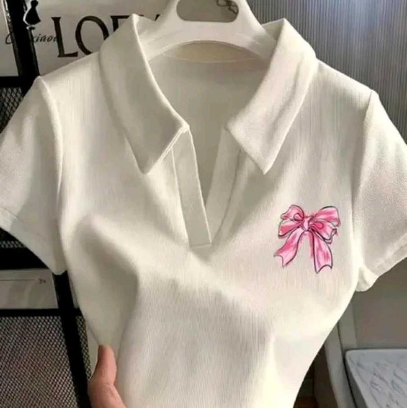 White Polo Shirt with Bow Detail