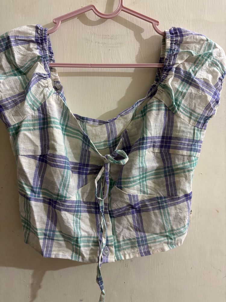 mint green and black checked crop top