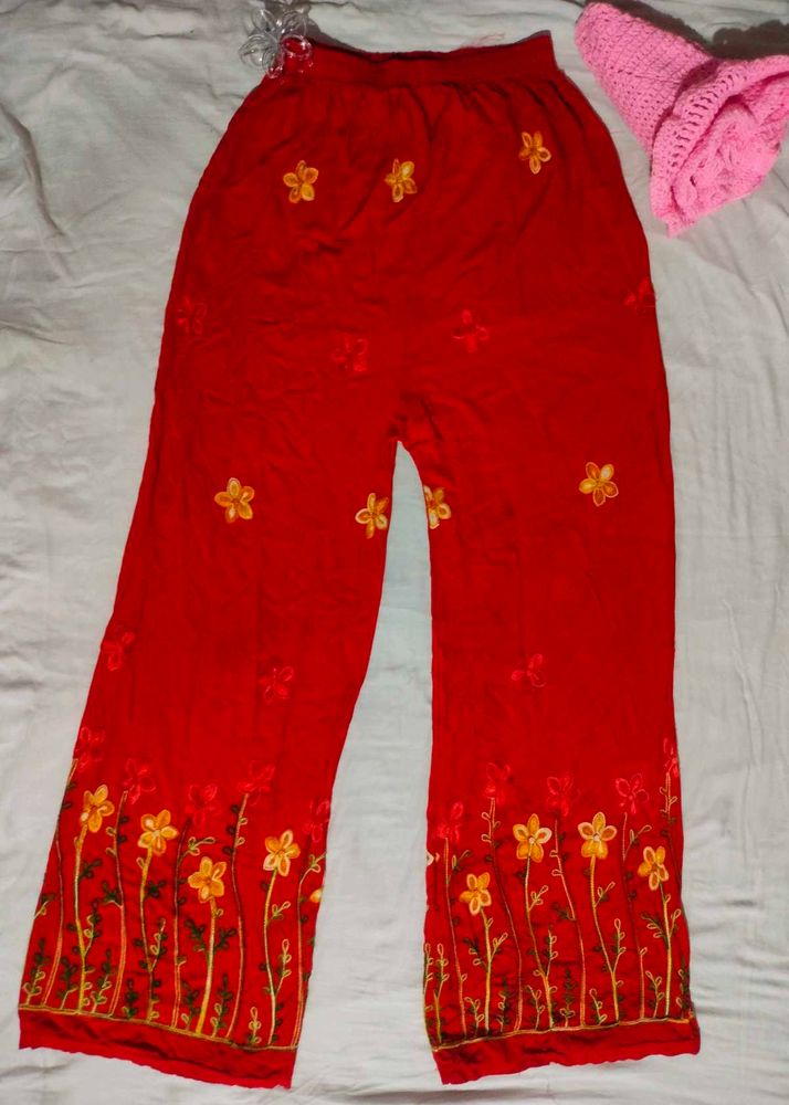 Bright Red Floral Embroidered Cotton Pants – Free