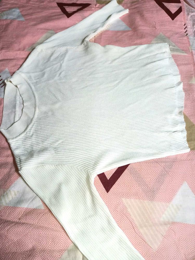 White Ribbed Long Sleeve Top