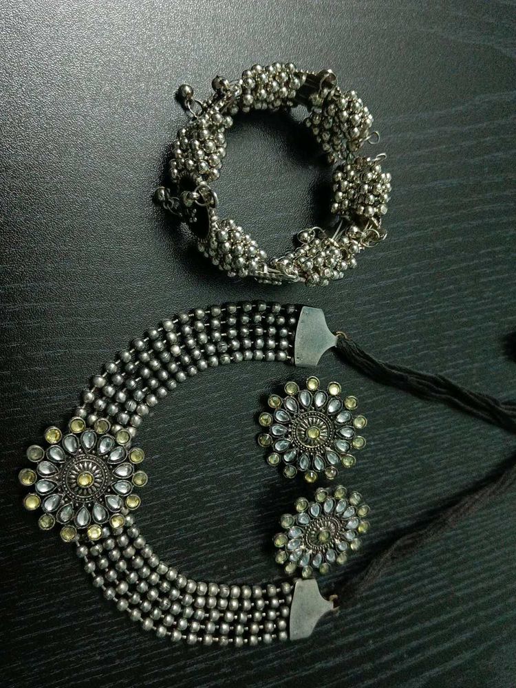 Oxidised Necklace Set With Kada