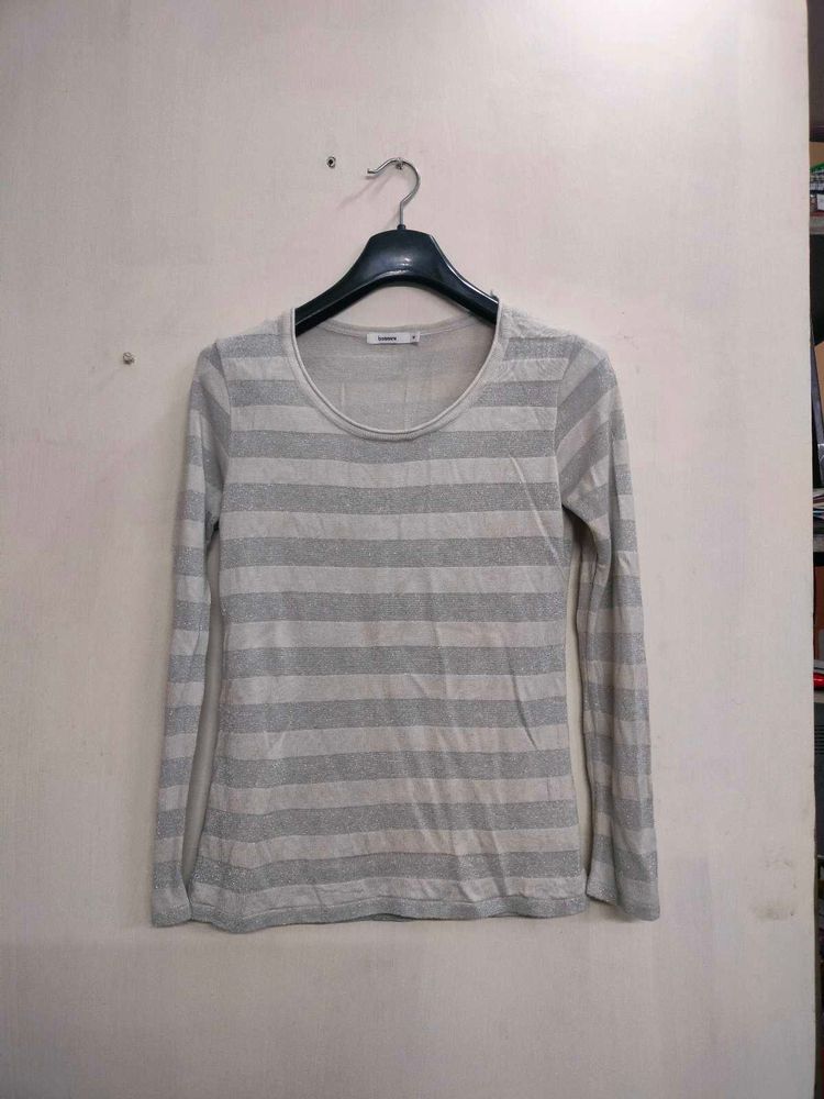 Gray And White Striped Long Sleeve Top