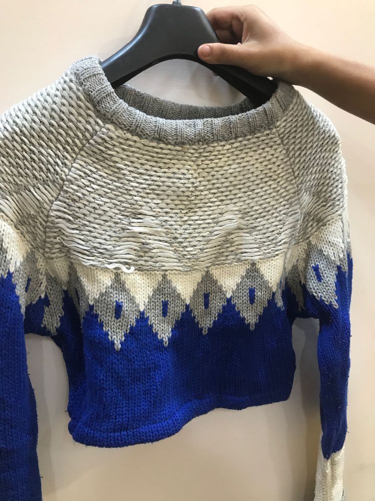 Blue &amp; Grey Knit Cropped Sweater