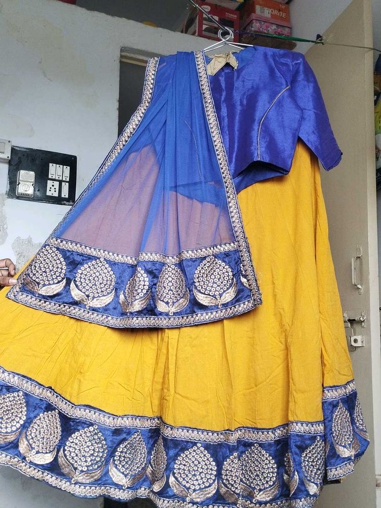 Yellow &amp; Blue Embroidered Lehenga Set
