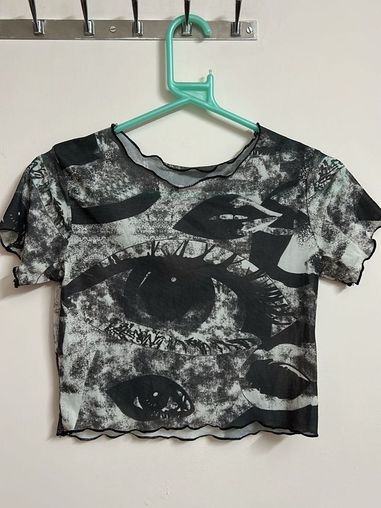 Graphic Print Mesh Top