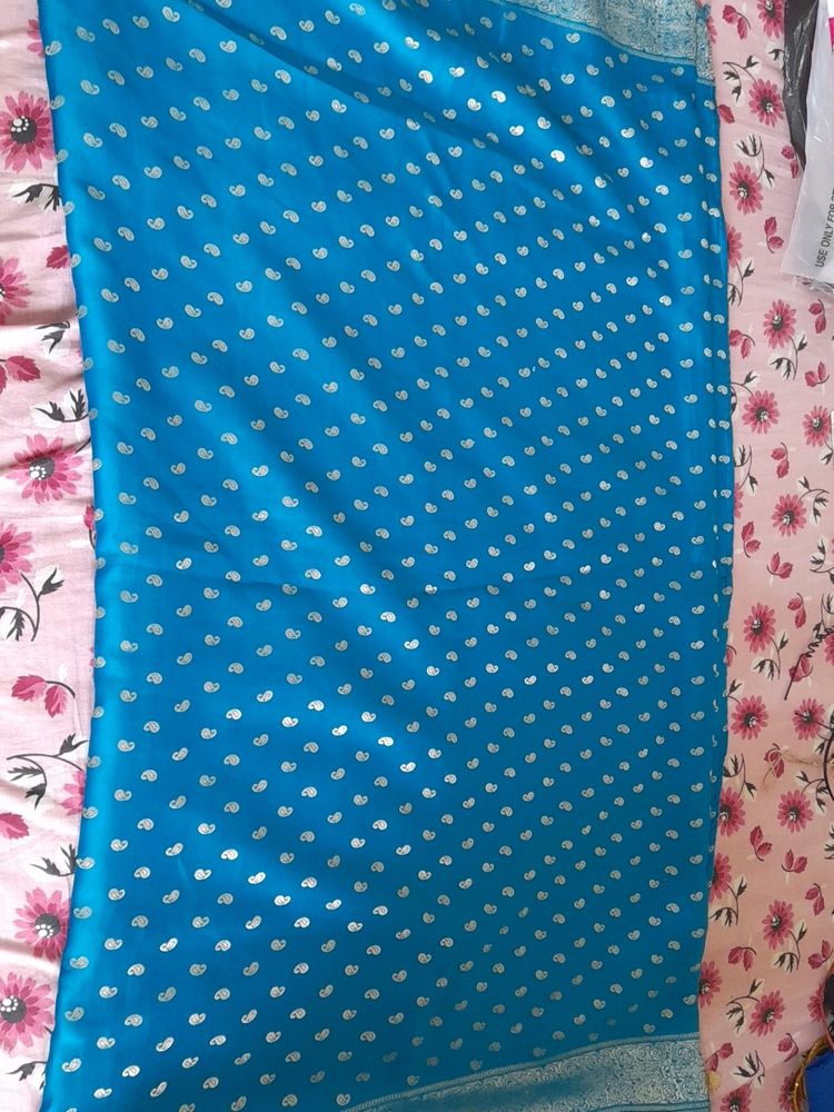 Blue Paisley Silk Saree With Blouse.