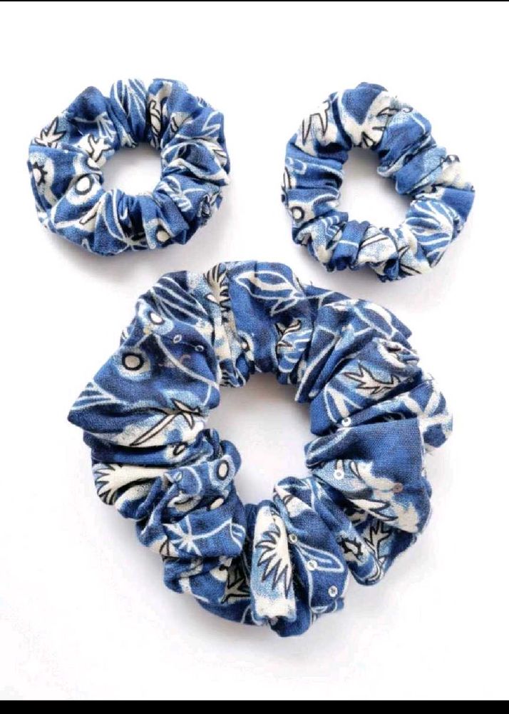 Handmade Blue Patterned Scrunchies (Set of 3)