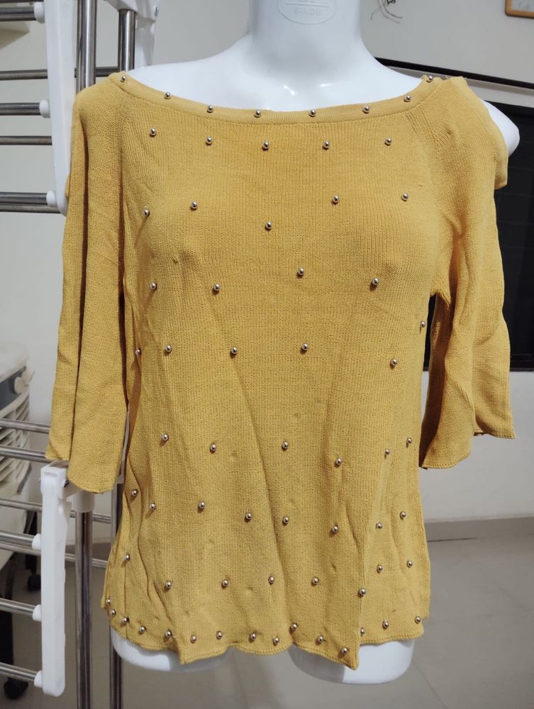 Mustard Beaded Off-Shoulder Top