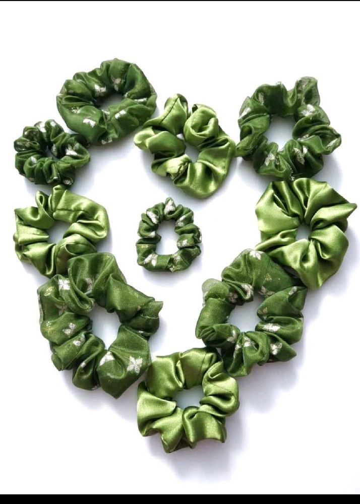 Handmade Green Floral Scrunchies (Set of 10)
