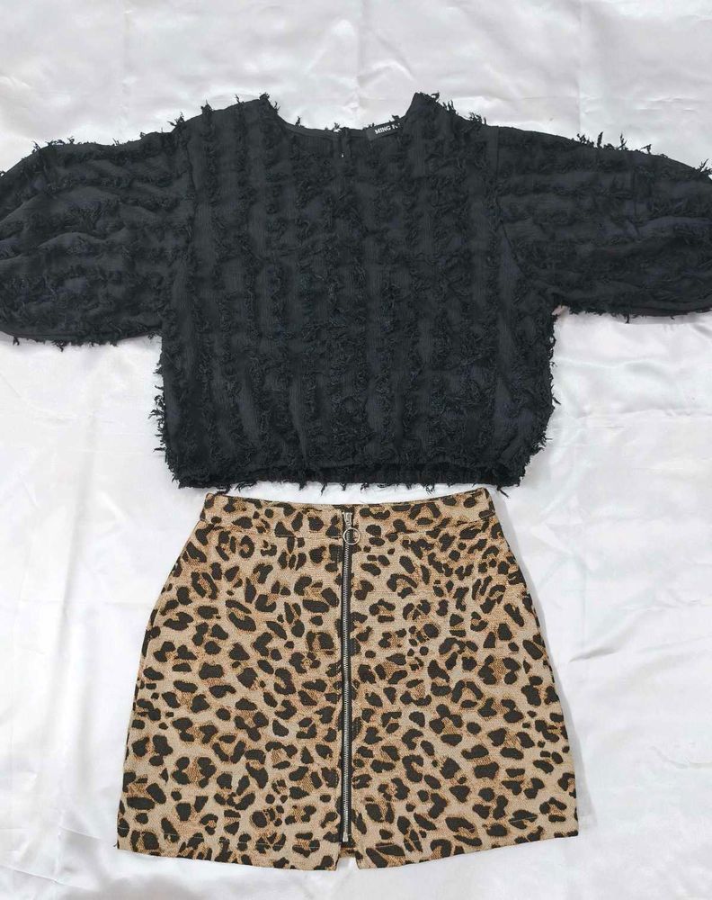 Leopard Mini Skirt &amp; Black Top Set