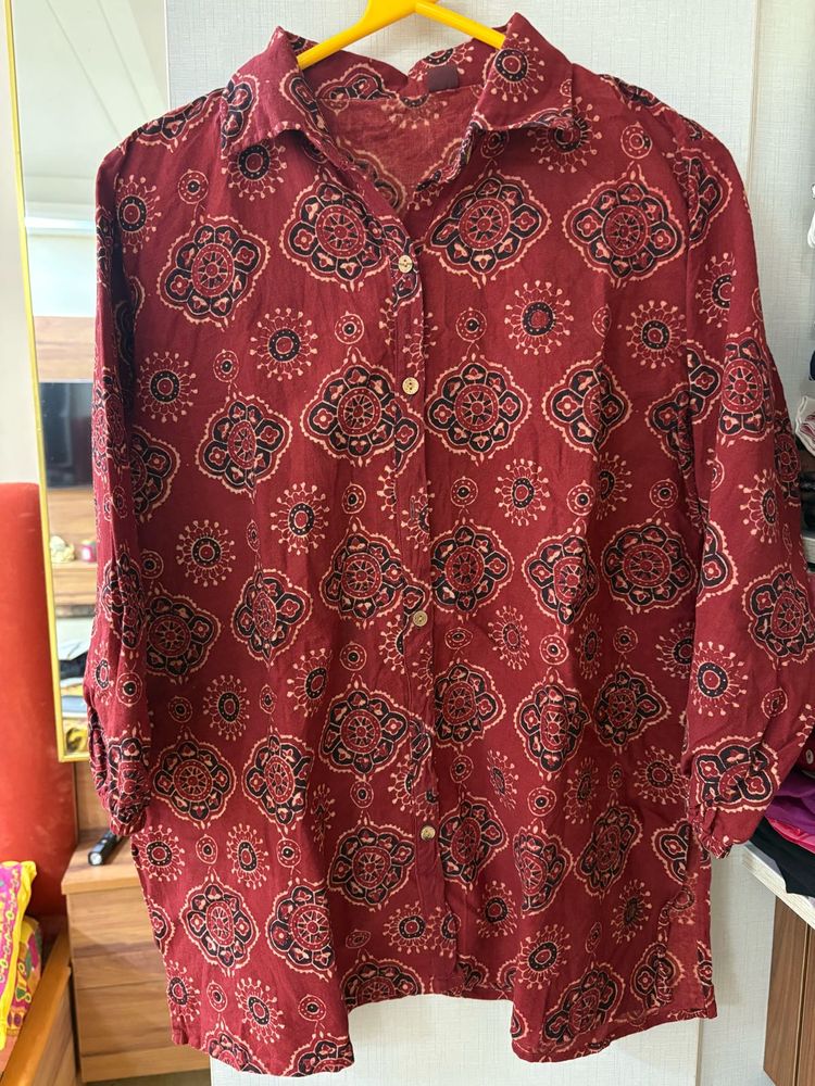 red cotton block print shirt