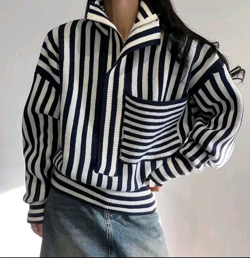 Y2k Striped Zip-up Stylish Knit Sweater 💙