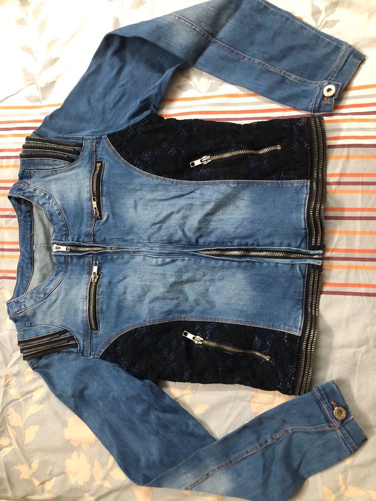 Blue Denim Jacket With Lace Work And Golden Zip