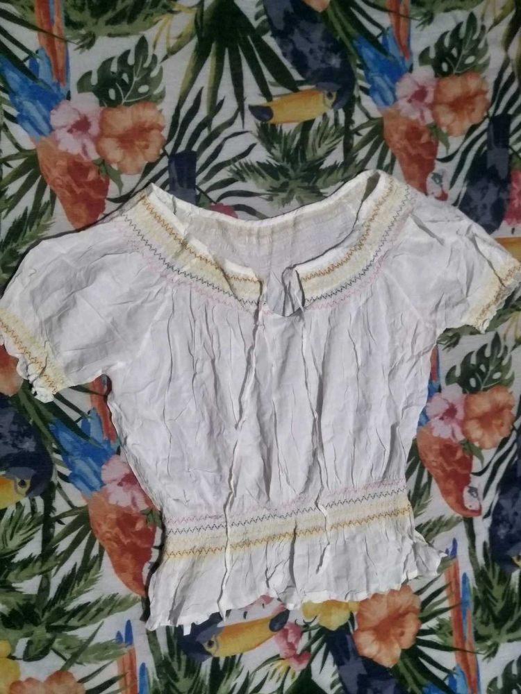 White Embroidered Crop Top