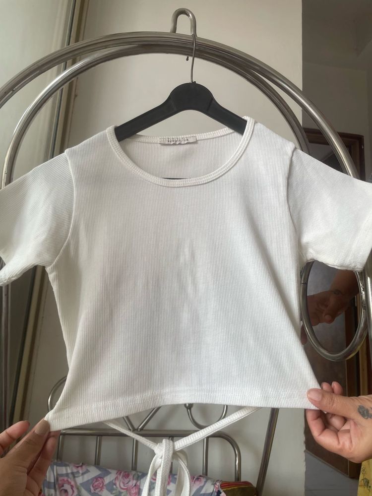 White Ribbed Tie-Back Crop Top
