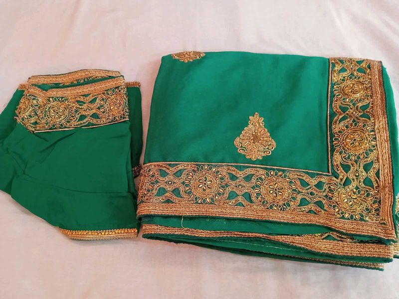 Green &amp; Gold Embroidered Saree