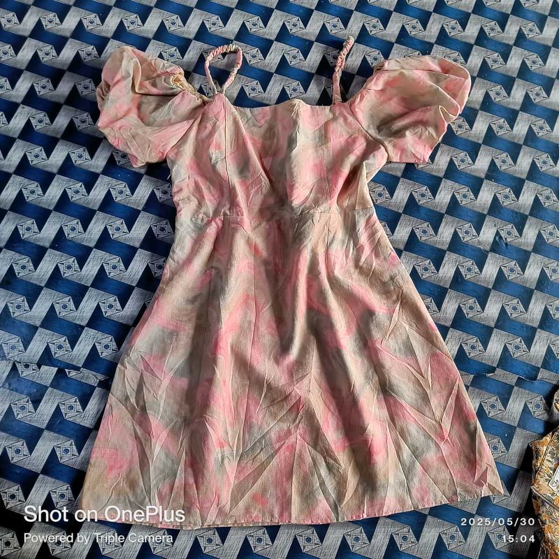 Pink Abstract Mini Dress Off Shoulder