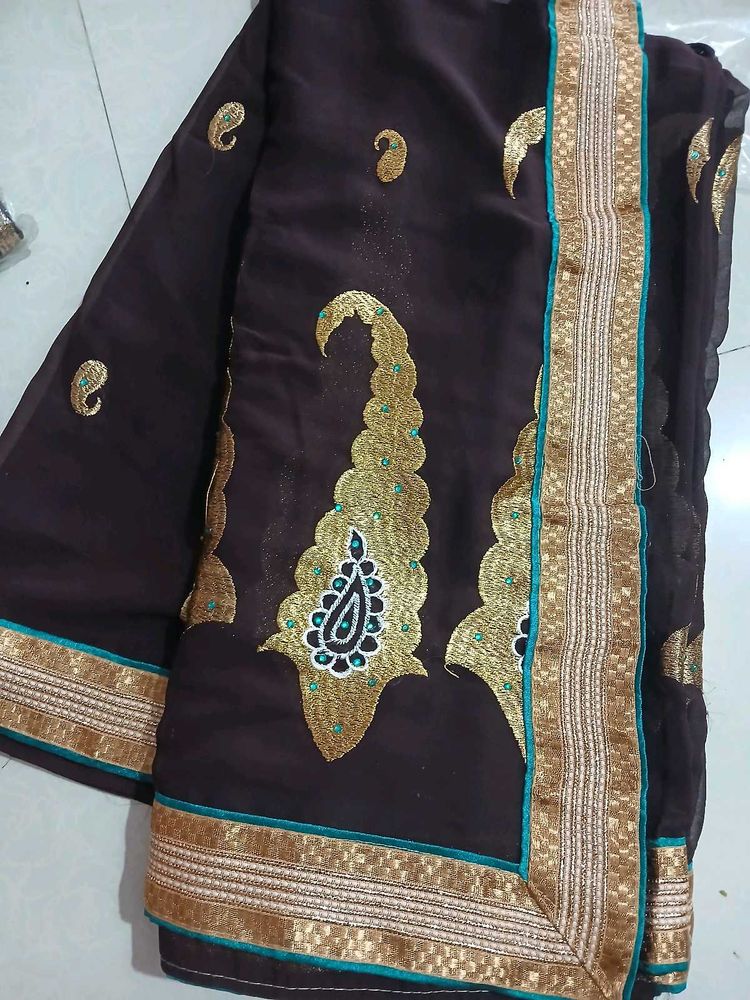 Brown &amp; Gold Embroidered Sari
