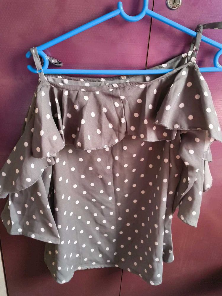 Polka Dot Cold Shoulder Ruffle Top