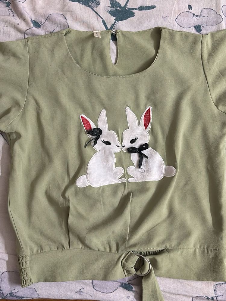 Cute Bunny Applique Tie-Front Top
