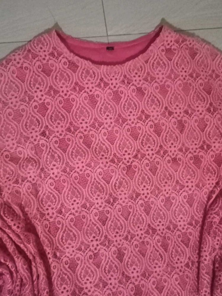 Pink Lace Tunic Top with Pom-Pom Trim