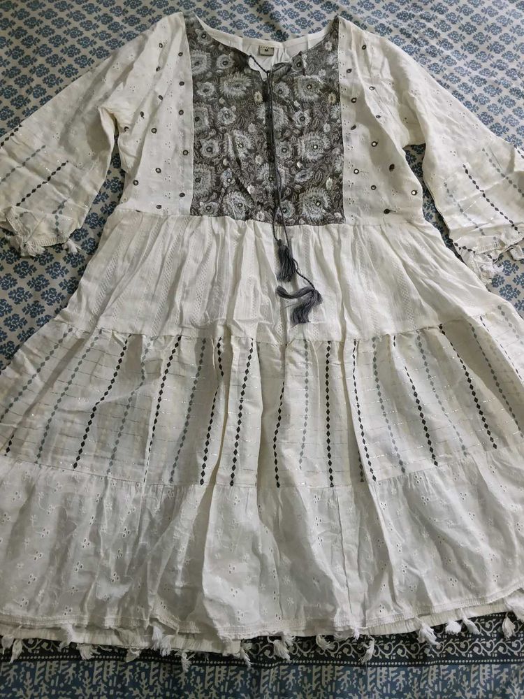 White &amp; Grey Embroidered Boho Dress