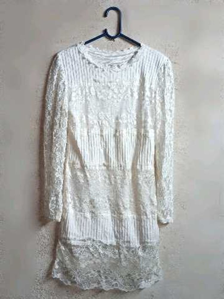Partywear Lace Mini Dress Layered White