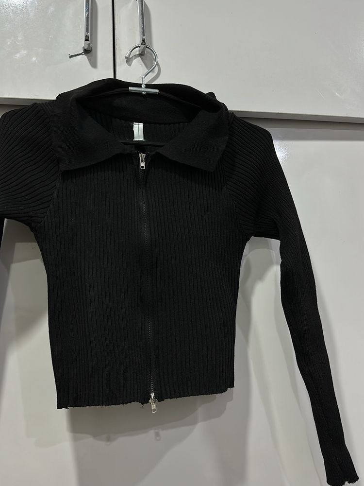 Zip Up Fitted Top Black