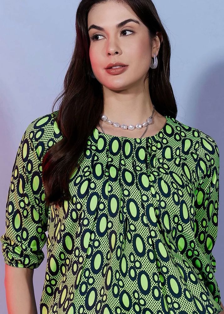 Animal Print Puff Sleeves Round Neck Top