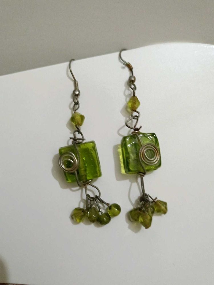 Green Glass Bead Dangle Earrings