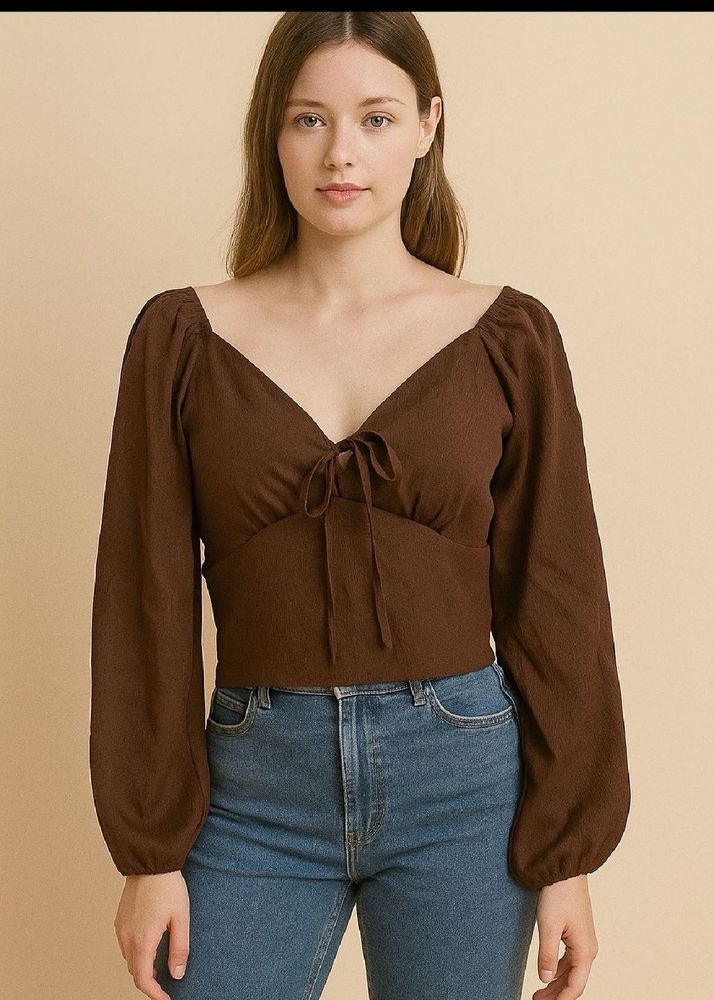 ZARA Chocolate Brown Puff Sleeve Crop Top