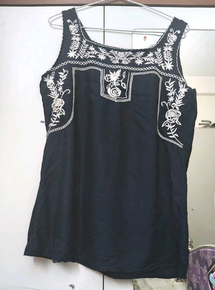 Navy Blue Embroidered Sleeveless Top