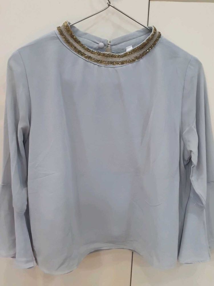 Silver Beaded Collar Blouse For Office