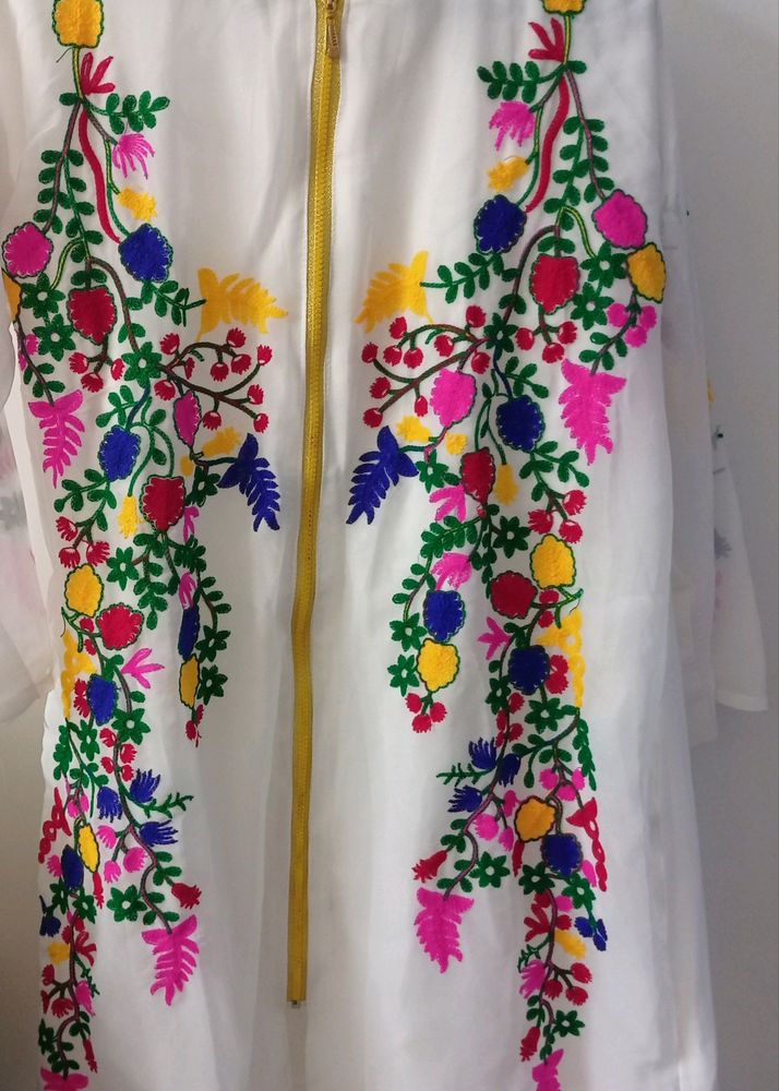 New Off White Floral Embroidered Kurti