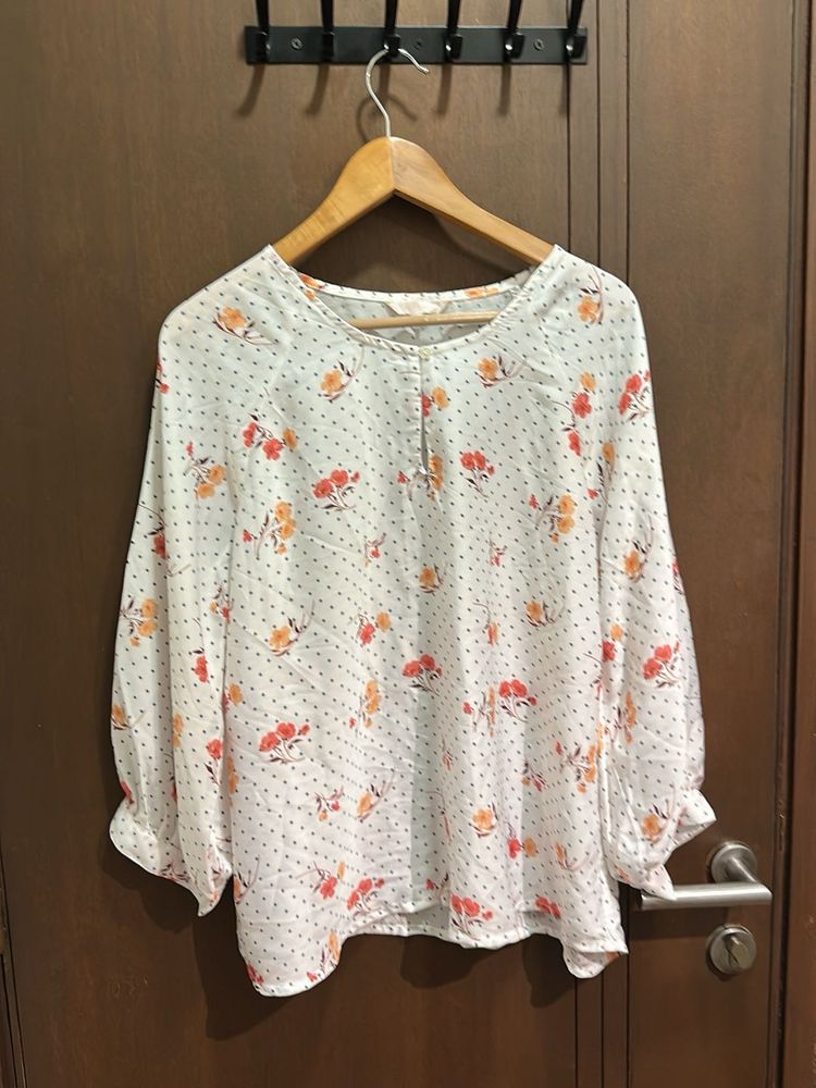Soft White Floral Blouse with Polka Dots