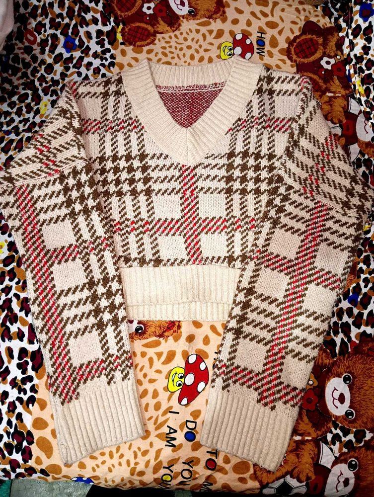 Houndstooth V-Neck Cropped Sweater