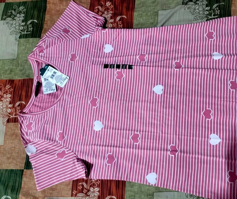 Pink Striped Heart Print Night Dress