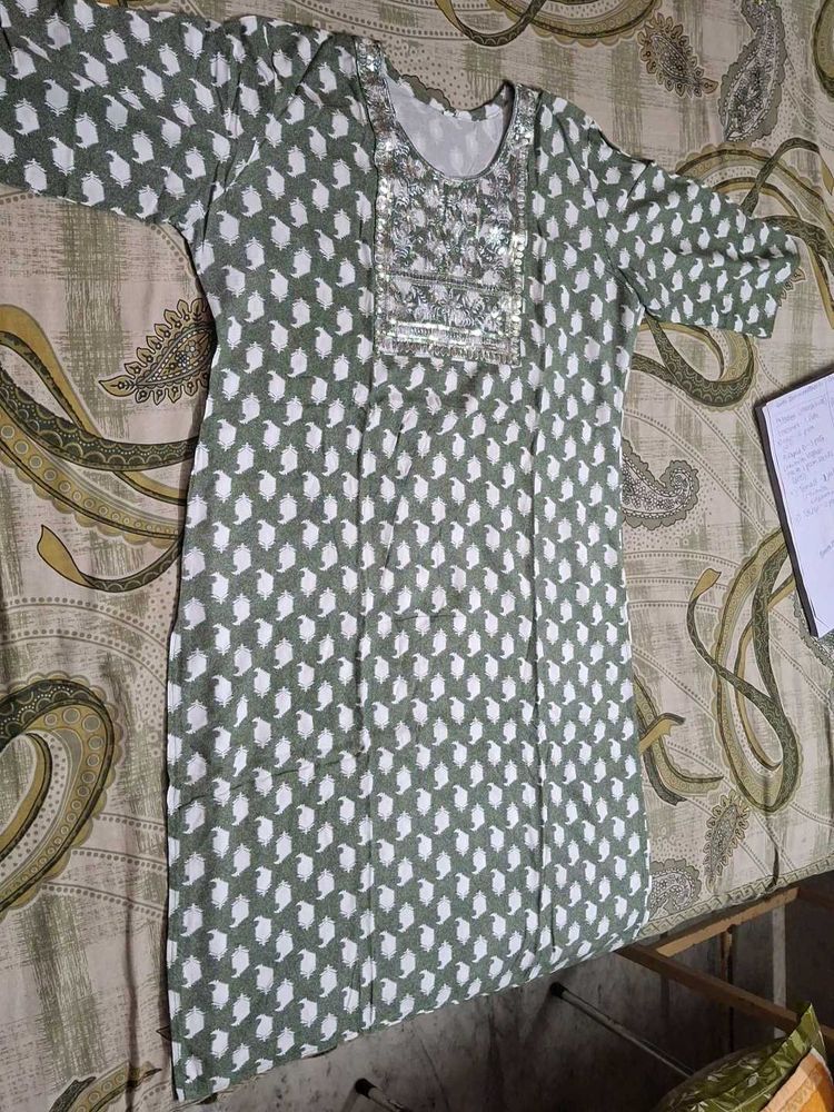 Postal Green Printed Kurti with Embroidered Neck